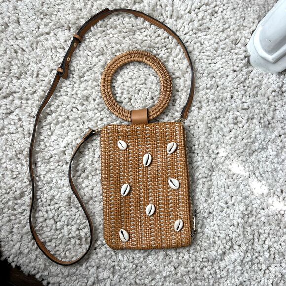 Woven Rattan Cowrie Shell Crossbody HandBag Wristlet with Handle Wicker CHIC - Picture 2 of 11